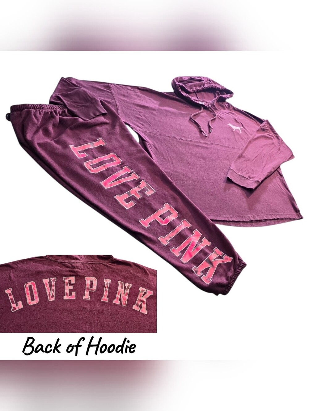 PINK Victoria’s Secret Love Pink Hoodie Jogger Set Large Burgundy